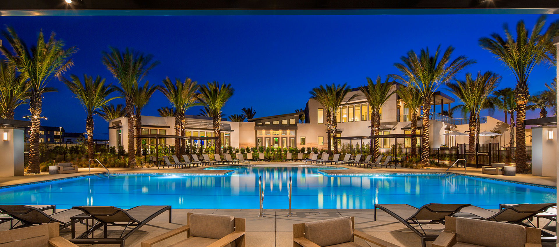 Pool at dusk | The Resort | New Homes in Rancho Cucamonga, CA
