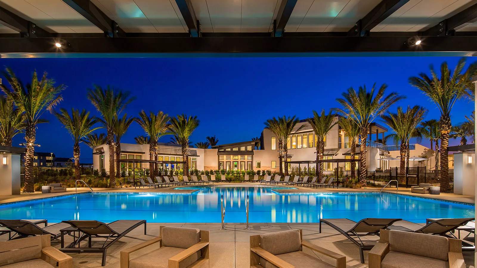 Pool at dusk | The Resort | New Homes in Rancho Cucamonga, CA