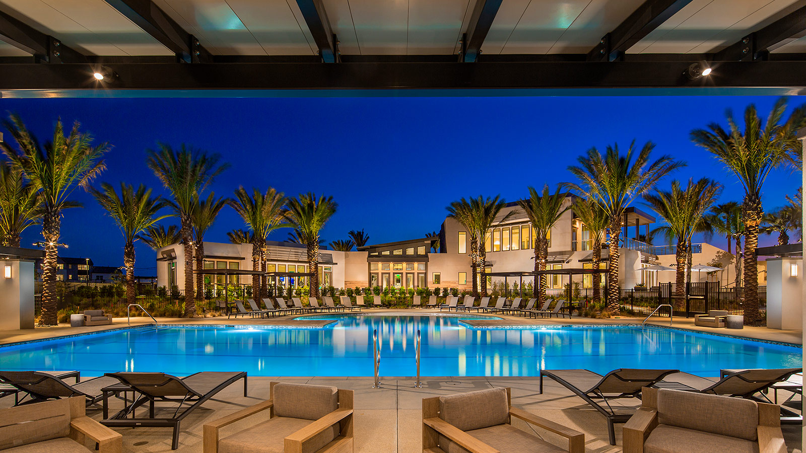 Pool at dusk | The Resort | New Homes in Rancho Cucamonga, CA