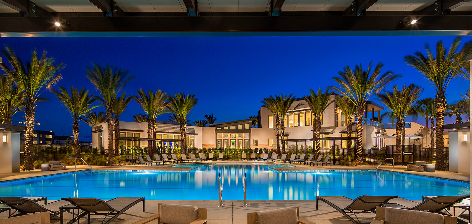 Pool at dusk | The Resort | New Homes in Rancho Cucamonga, CA