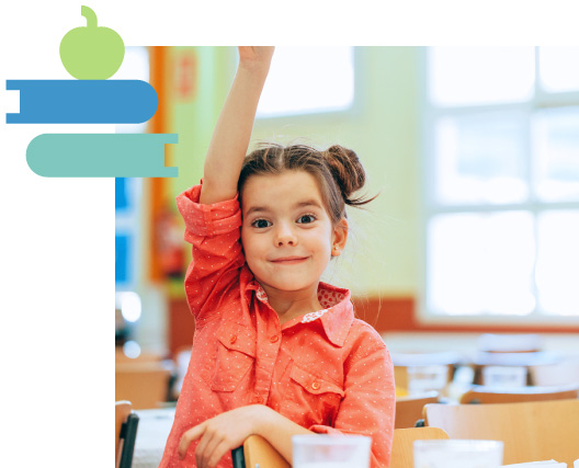 girl raising her hand with apple and books overlay